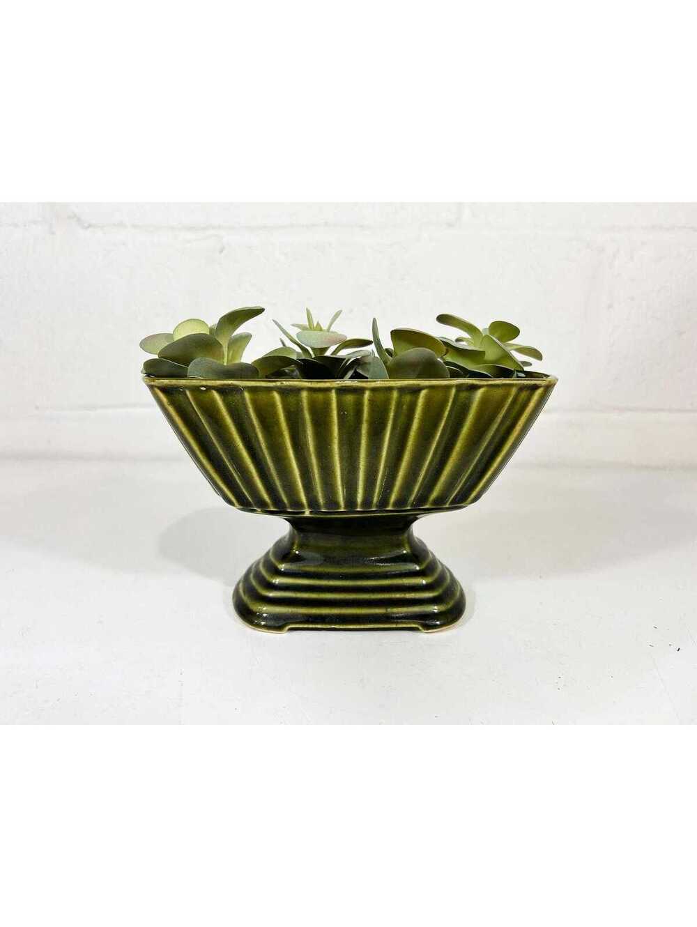 Green Pedestal Planter Geometric Stripes  Pottery Pot  1950s 1960s